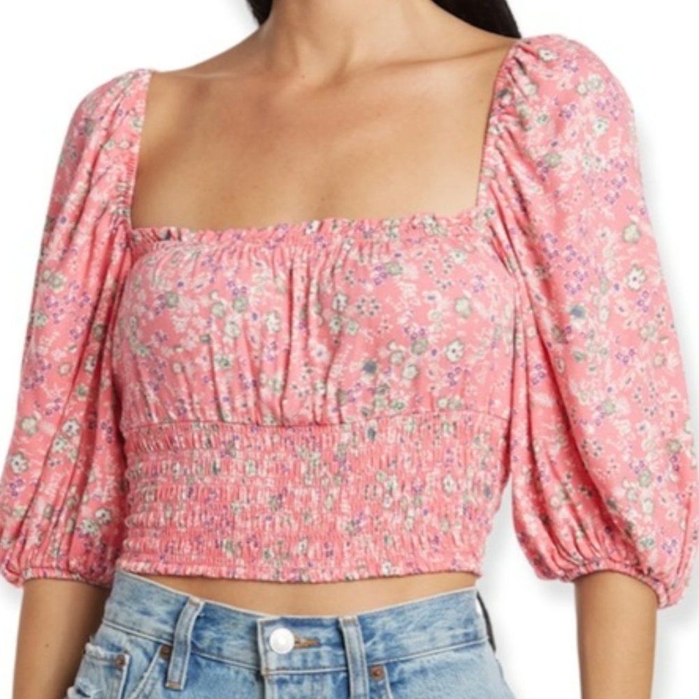 AFRM Coral Ditsy Smocked Crop